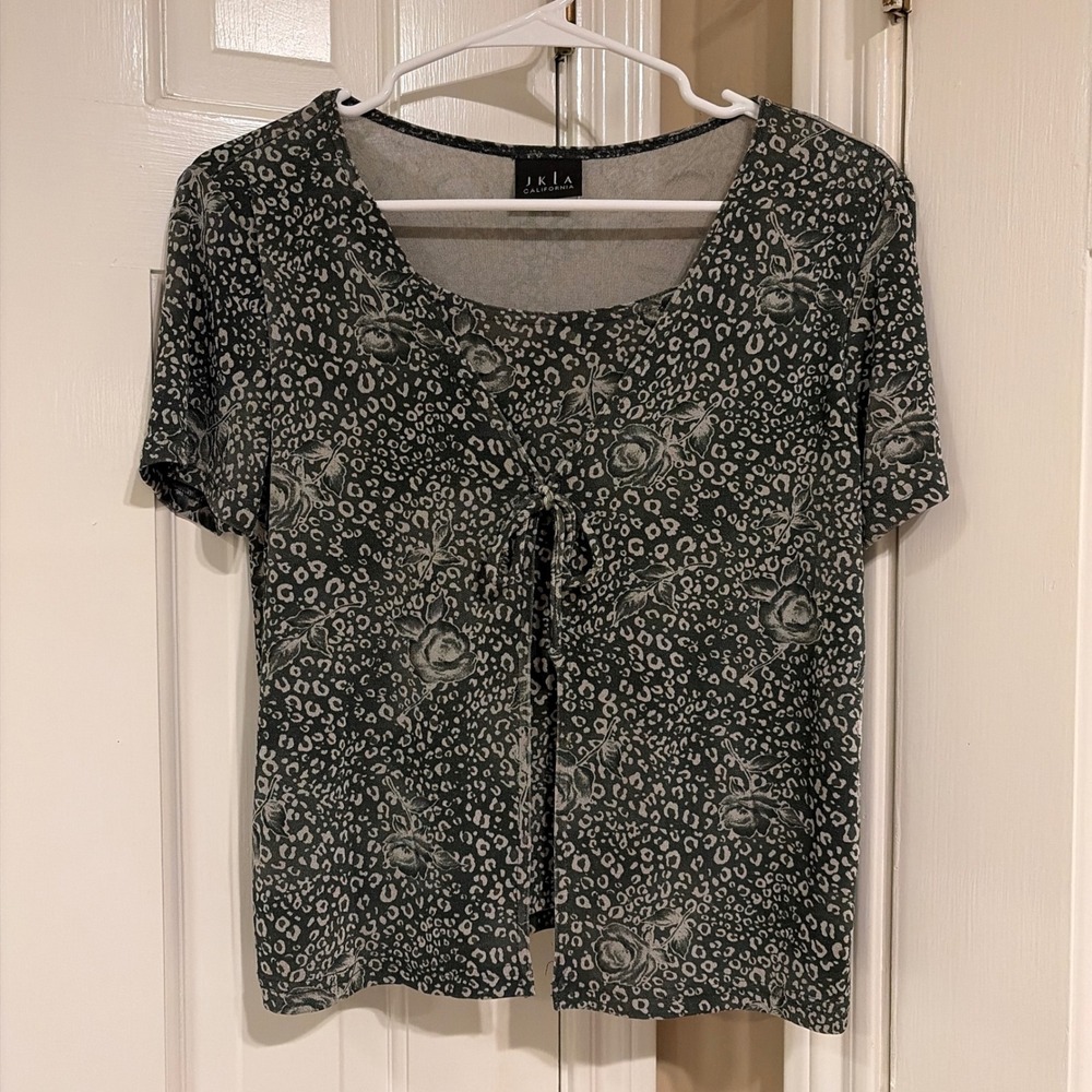 Vintage JKLA Womens Short Sleeve Tie Front Top Black Gray Floral Small USA Made